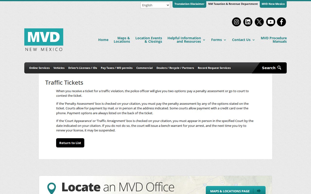 Lincoln County traffic ticket official New Mexico MVD instructions